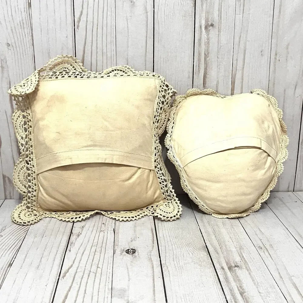 Keeco Vintage Cottagecore Crochet Lace Pillow Set Heart & Square Boho Chic 1995